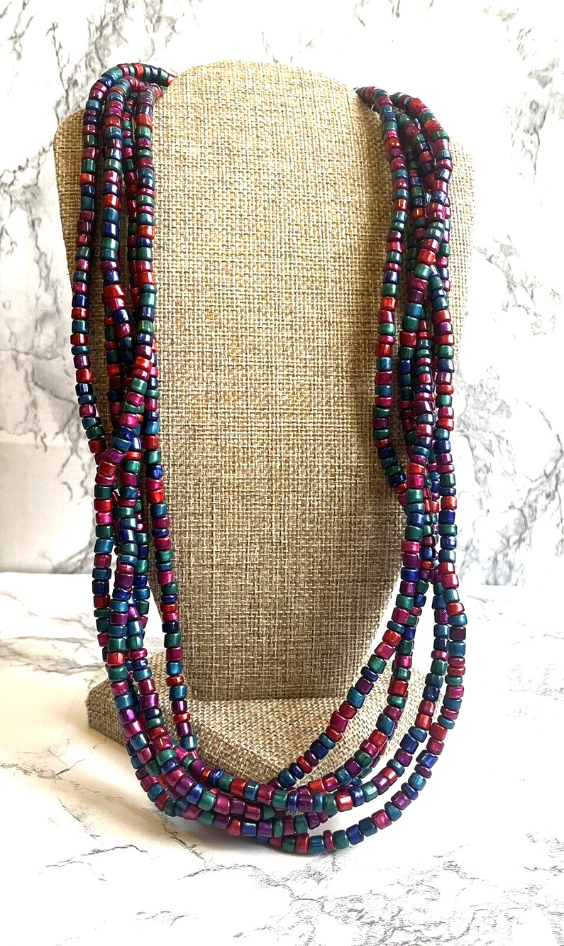Vintage 80s Fuchsia Blue Iridescent Bead Multistrand Statement Necklace 20"